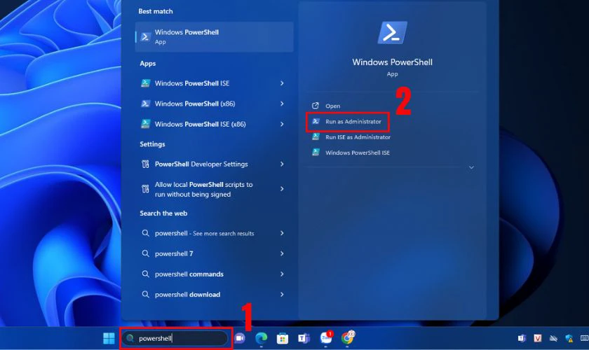Nhập PowerShell v&agrave;o thanh t&igrave;m kiếm, chọn Run as administrator