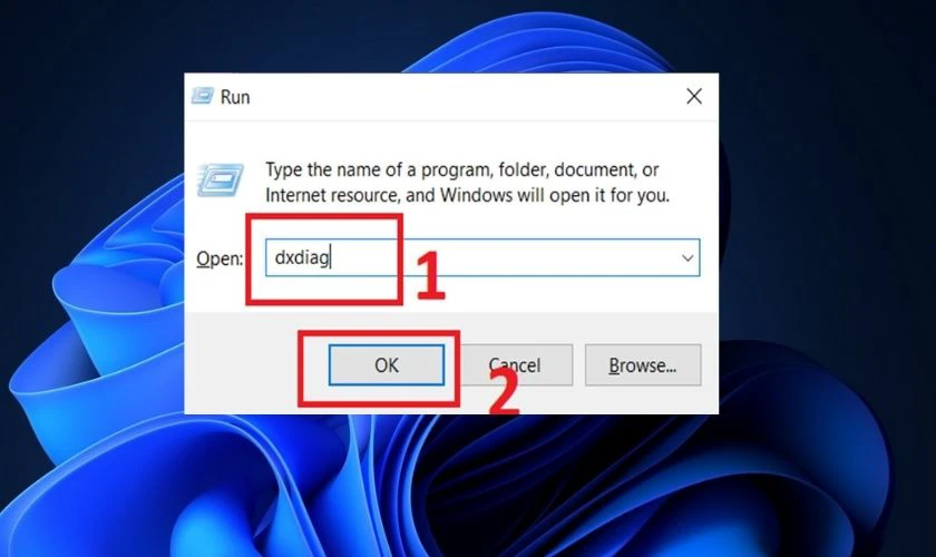 Nhấn tổ hợp ph&iacute;m Windows + R, nhập dxdiag v&agrave;o hộp thoại Run