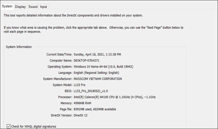 Kiểm tra cấu h&igrave;nh m&aacute;y t&iacute;nh bằng DirectX Diagnostic Tool