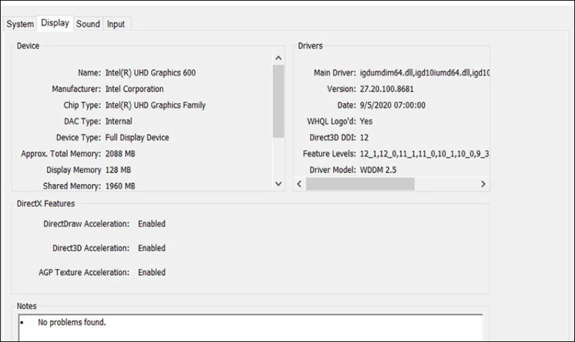 Tab Display: Cung cấp th&ocirc;ng tin về card đồ họa, VRAM v&agrave; driver m&agrave;n h&igrave;nh