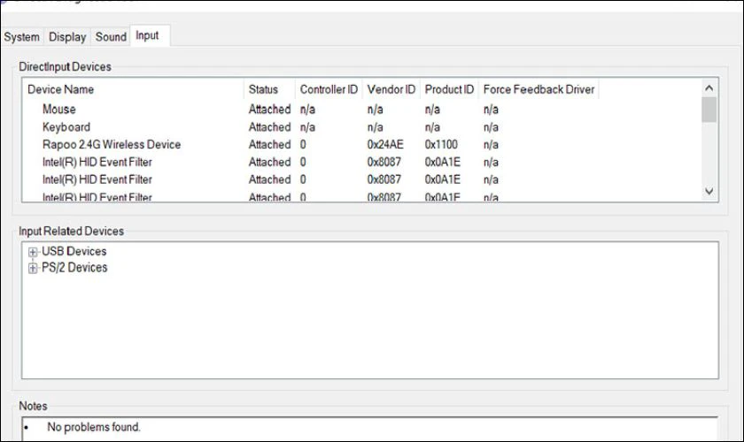 Tab Input: Th&ocirc;ng tin về c&aacute;c thiết bị nhập liệu như b&agrave;n ph&iacute;m, chuột