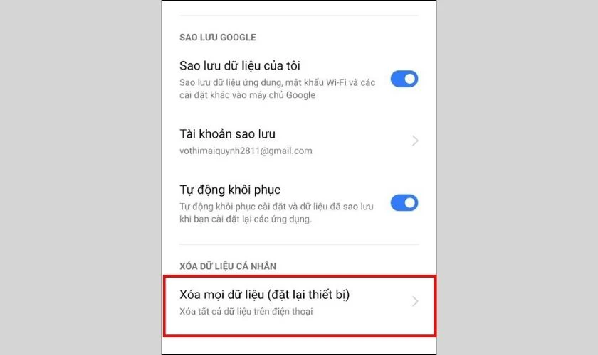 Chọn X&oacute;a mọi dữ liệu (Đặt lại thiết bị)