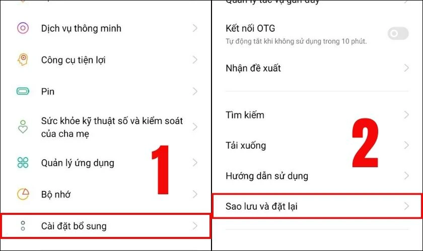 V&agrave;o C&agrave;i đặt bổ sung, chọn Sao lưu & Đặt lại
