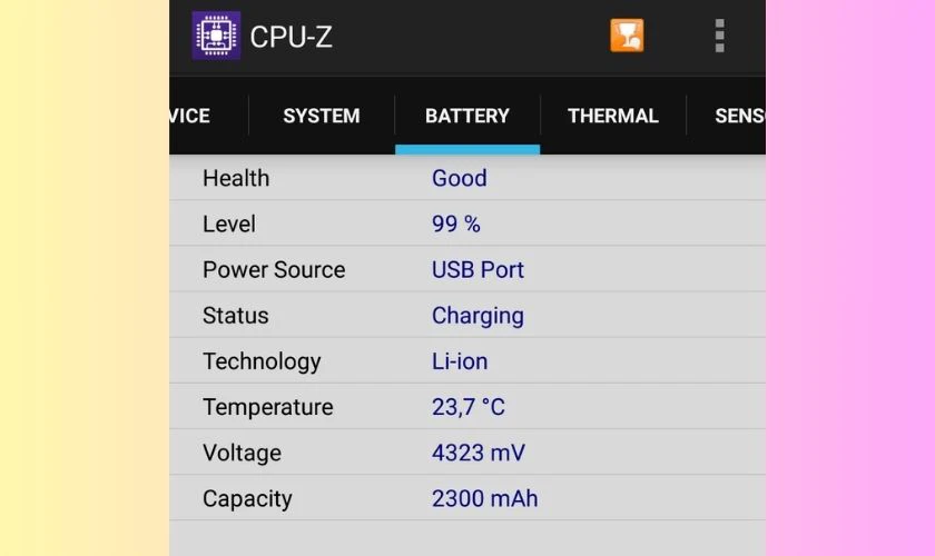 Trong giao diện ch&iacute;nh, chọn tab Battery