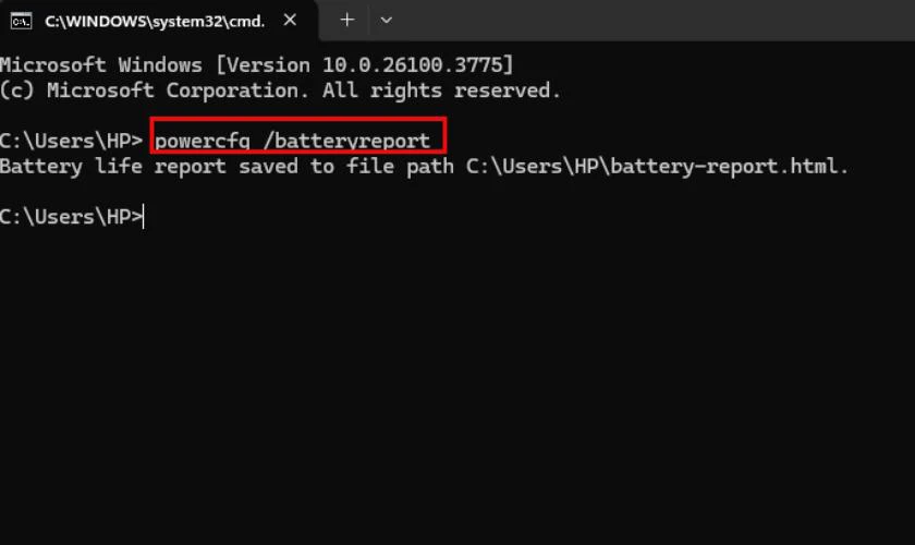 Gõ lệnh powercfg /batteryreport vào Command Prompt