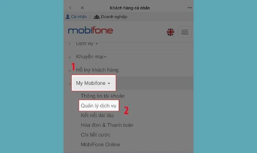 Chọn Quản L&yacute; Dịch Vụ trong My MobiFone v&agrave; kiểm tra th&ocirc;ng tin dung lượng