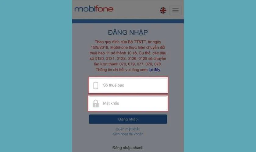 Đăng nhập hoặc đăng k&yacute; t&agrave;i khoản MobiFone Portal