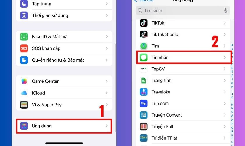T&igrave;m v&agrave; chọn mục Ứng dụng, sau đ&oacute; k&eacute;o xuống v&agrave; chọn mục Tin nhắn