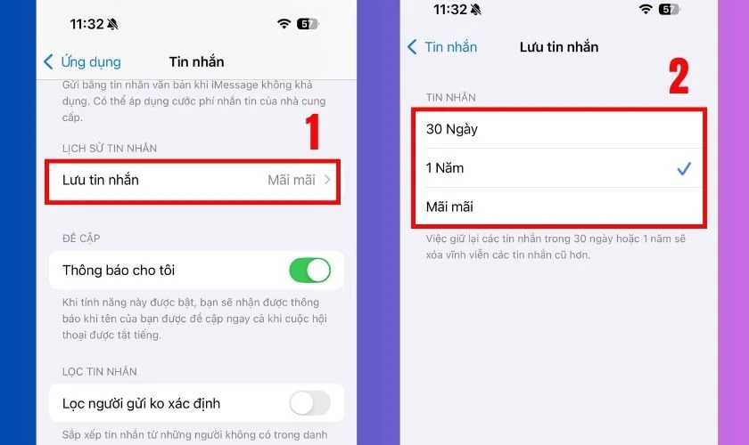 X&oacute;a tin nhắn cũ v&agrave; điều chỉnh thời gian lưu trữ