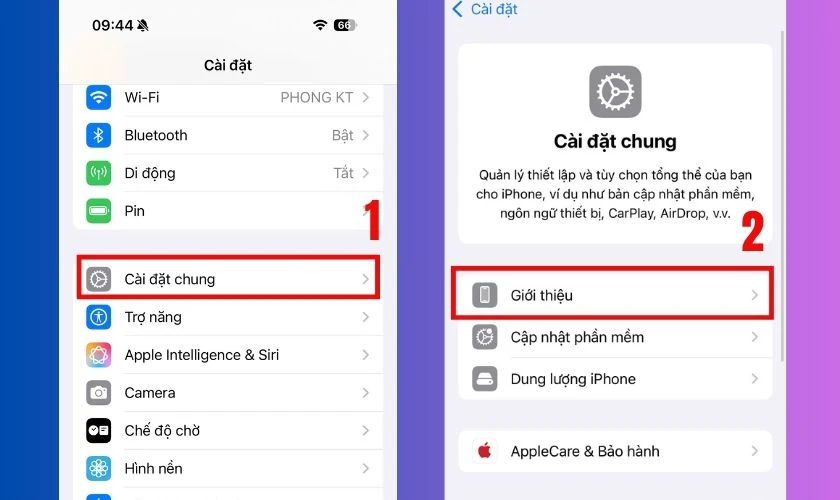 Chọn C&agrave;i đặt chung, rồi chạm v&agrave;o mục Dung lượng iPhone