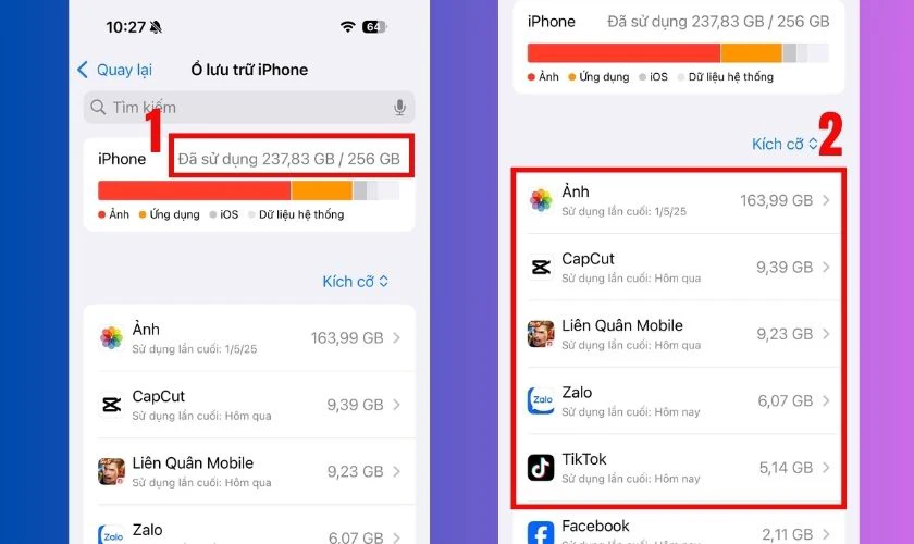 Kiểm tra dung lượng iPhone trong mục Dung lượng iPhone