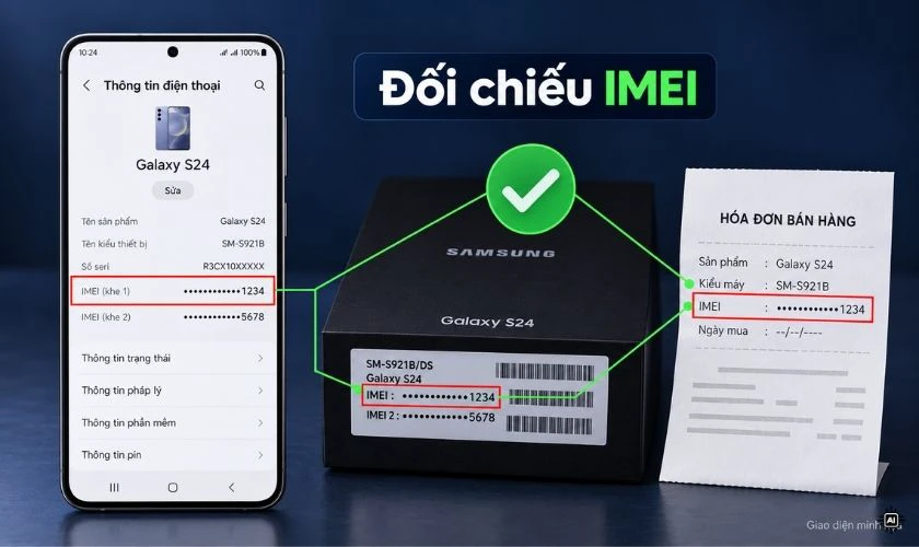 Đối chiếu IMEI trên màn hình với thông tin trên hộp, hóa đơn hoặc chứng từ mua bán nếu có
