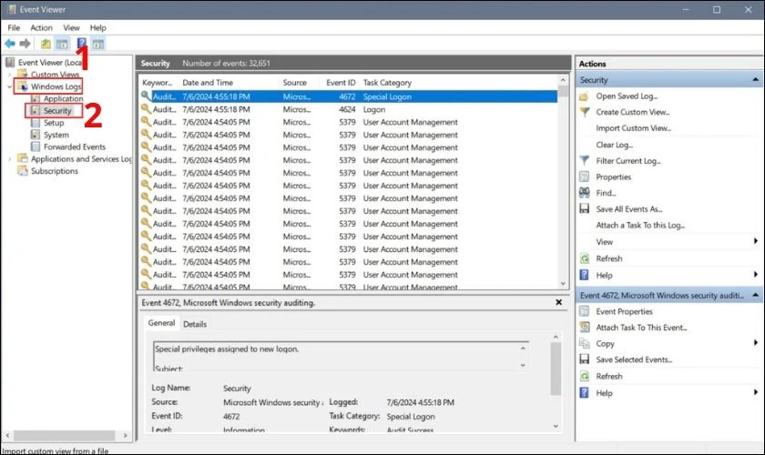 Trong Event Viewer, chọn Windows Logs v&agrave; sau đ&oacute; chọn Security