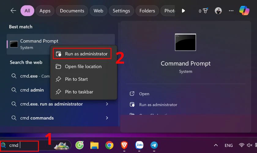 Gõ cmd vào Menu Search, sau đó nhấn chuột phải rồi chọn Run as Administrator