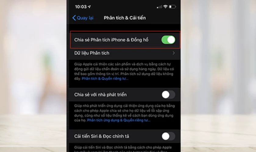 Bật tính năng Chia sẻ phân tích dữ liệu Pin