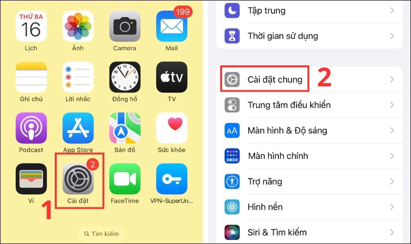 Chọn mục C&agrave;i đặt, k&eacute;o xuống chọn v&agrave;o mục C&agrave;i đặt chung