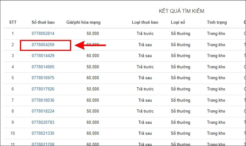Nhấn chọn số sim muốn mua của MobiFone