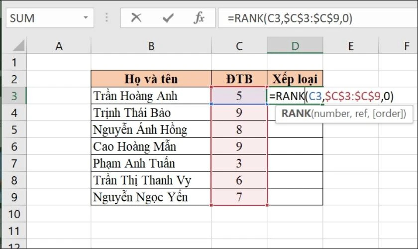 Thiết lập c&ocirc;ng thức h&agrave;m RANK trong Excel để xếp hạng từ thấp đến cao