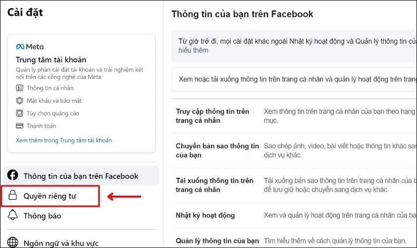 Tiếp tục t&igrave;m chọn mục Quyền ri&ecirc;ng tư