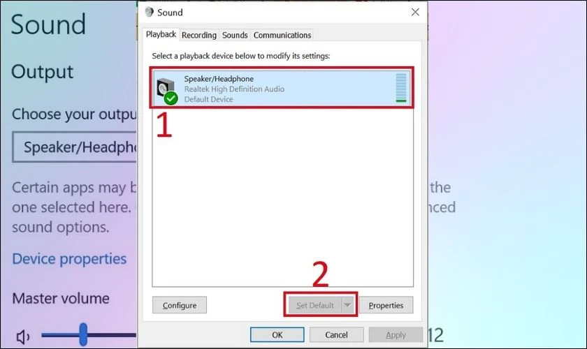Chọn Set Default để đặt loa