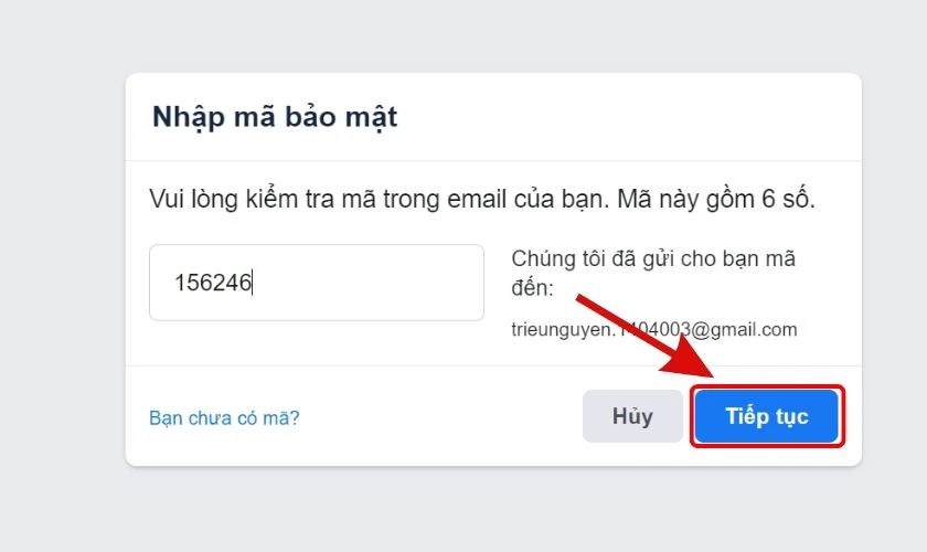 Nhập mã xác nhận vào rồi nhấn Tiếp tục