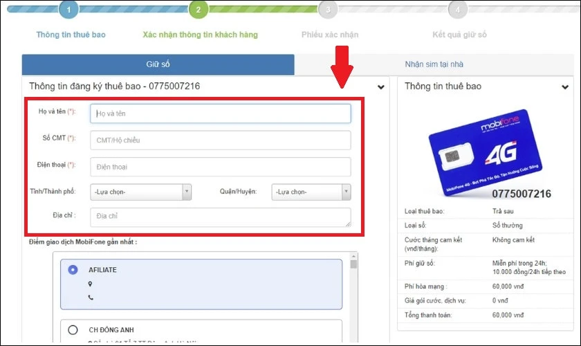 Nhấp chuột chuyển sang &ocirc; Nhận sim tại nh&agrave;