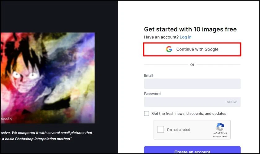 Đăng ký tài khoản hoặc chọn Continue with Google
