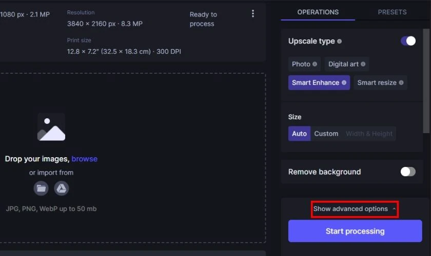 Nhấn Show advanced options