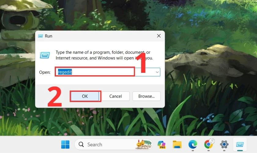 G&otilde; regedit v&agrave;o &ocirc; trống v&agrave; nhấn OK trong hộp thoại Run 