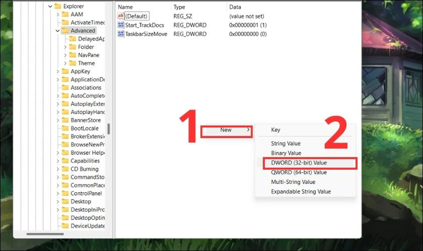 Chọn New v&agrave; chọn tiếp DWORD (32-bit) Value 