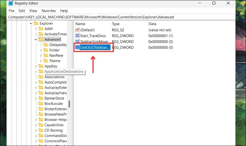 Đổi t&ecirc;n folder mới vừa tạo th&agrave;nh UseOLEDTaskbarTransparency