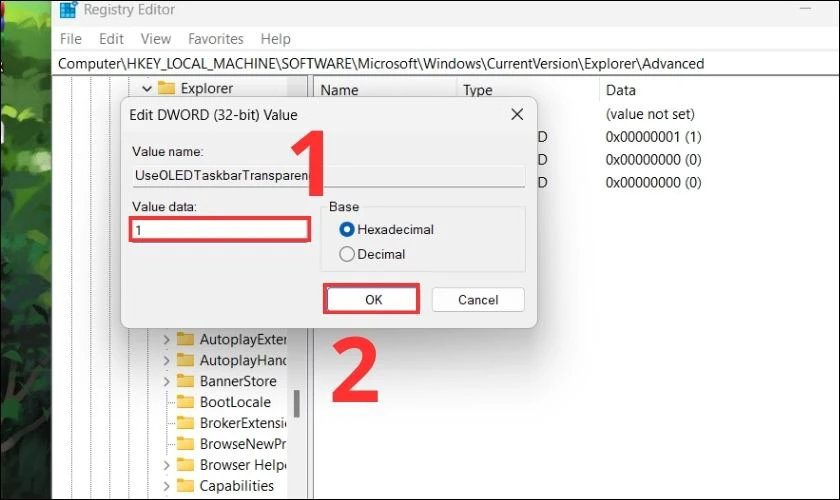Thực hiện thay đổi value data từ 0 th&agrave;nh 1 rồi nhấn OK