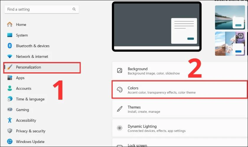 Tiếp theo chọn Personalization v&agrave; nhấn v&agrave;o mục Colors