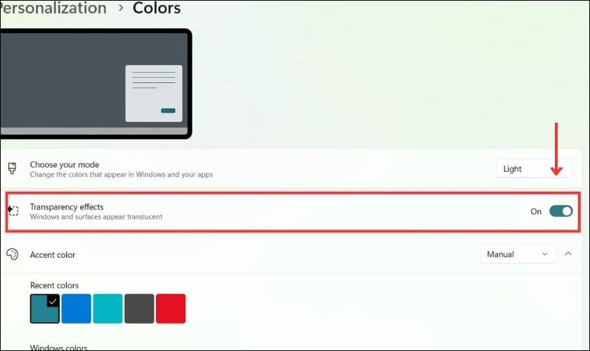 L&agrave;m thanh taskbar trong suốt tr&ecirc;n win 11 bằng c&aacute;ch gạt n&uacute;t b&ecirc;n cạnh Transparency effects từ Off sang On