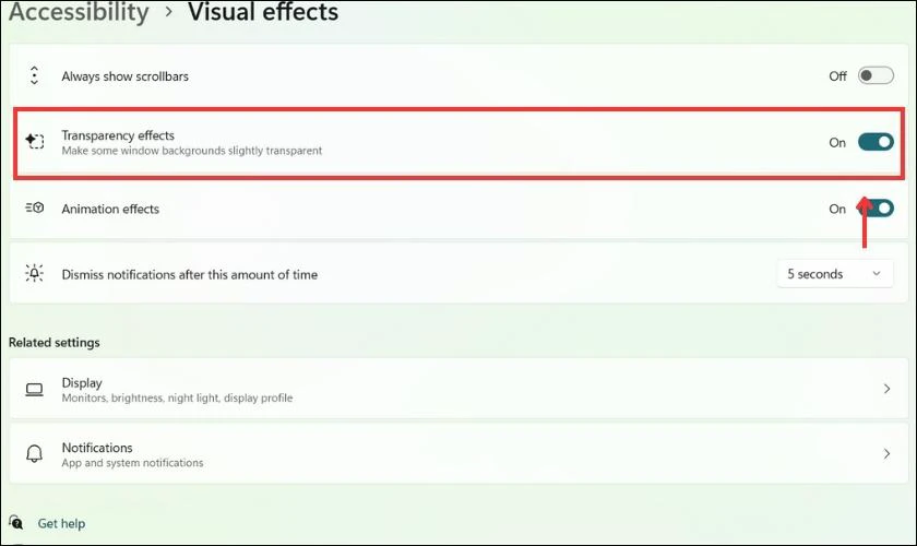  K&iacute;ch hoạt n&uacute;t On ở mục Transparency effects để chuyển đổi taskbar