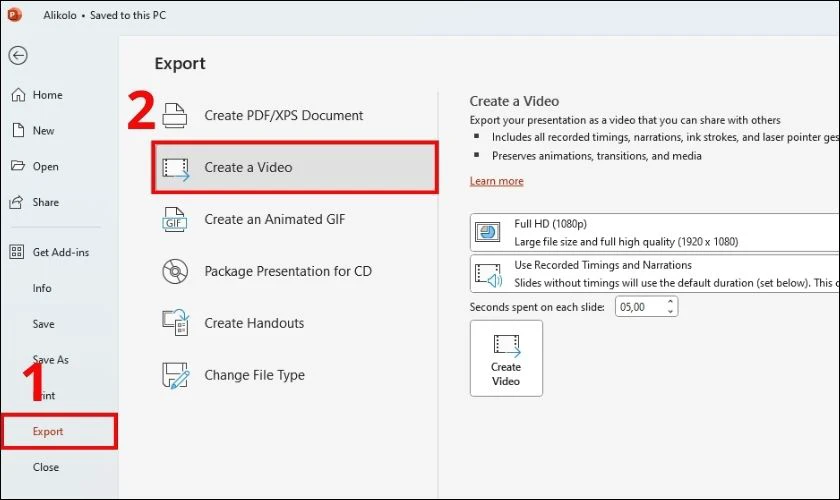 Truy cập tab File chọn Export, sau đ&oacute; chọn Create a Video