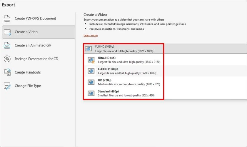 Tại phần Create a Video, chọn độ ph&acirc;n giải mong muốn cho video