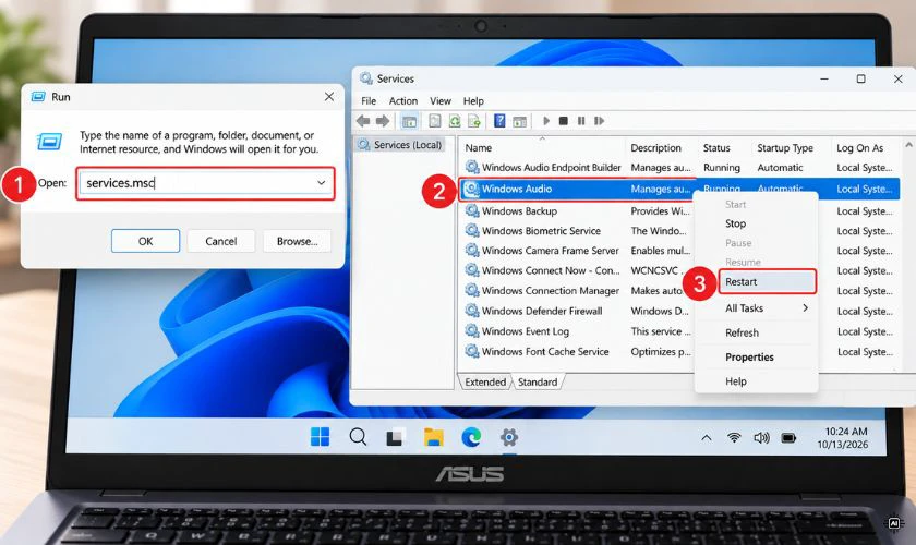 Khởi động lại Windows Audio Service