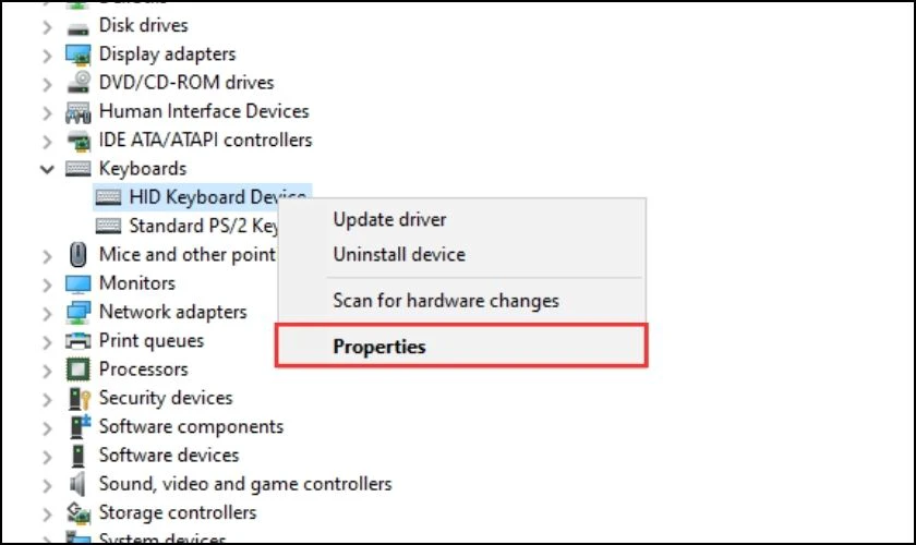 Trong phần Keyboard, bạn nhấp chuột phải vào HID Keyboard Device
