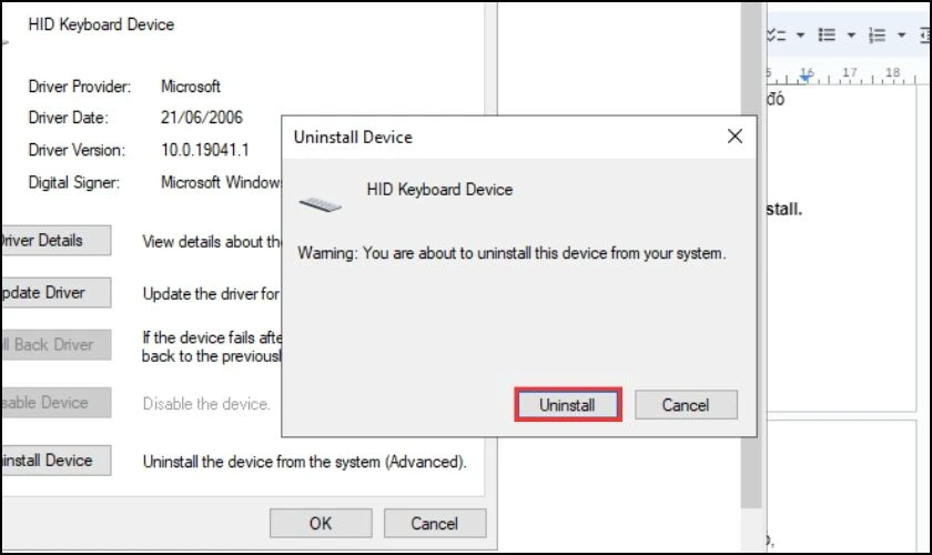 Xác nhận xóa Driver bàn phím một lần nữa bằng cách tiếp tục nhấn vào Uninstall