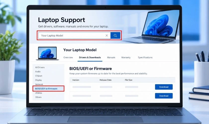 Truy cập trang hỗ trợ chính thức của hãng laptop, tìm đúng model máy rồi mở mục BIOS/UEFI hoặc Firmware