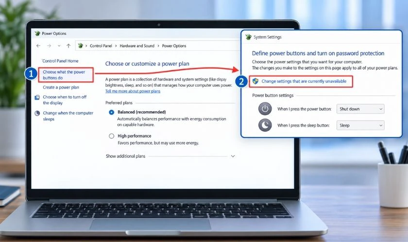 Chọn Choose what the power buttons do rồi chọn Change settings that are currently unavailable