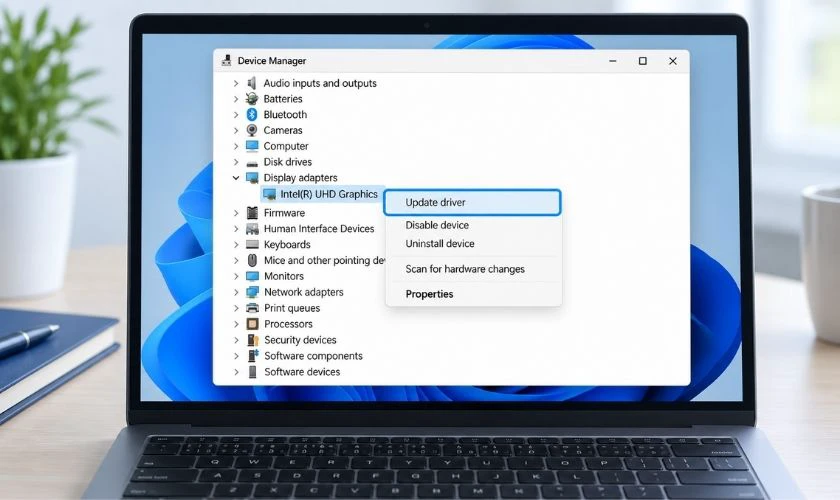 Mở Device Manager > Display adapters, nhấn chuột phải vào card đồ họa và chọn Update driver