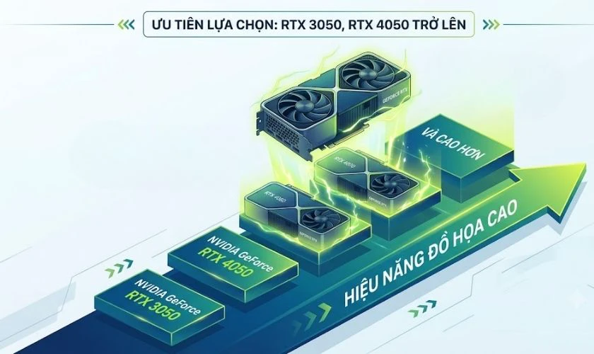 Card đồ họa (GPU): Ưu tiên NVIDIA GeForce RTX 3050, RTX 4050 trở lên