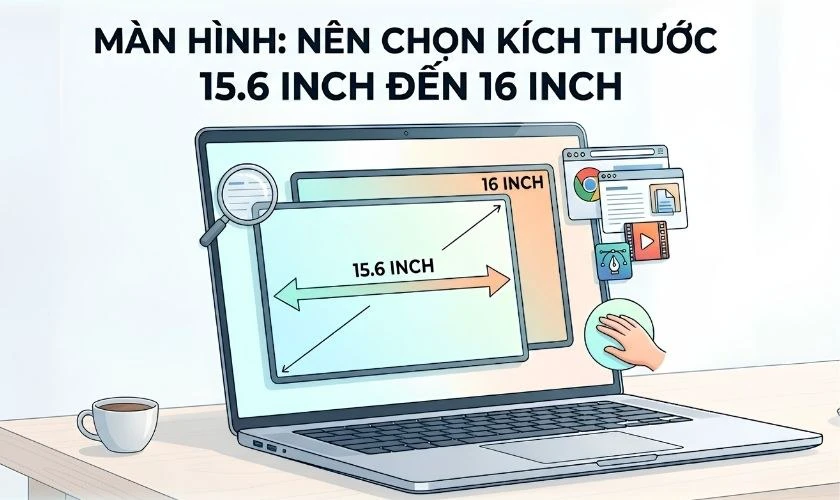 Màn hình: Nên chọn kích thước 15.6 inch đến 16 inch, độ phân giải FHD