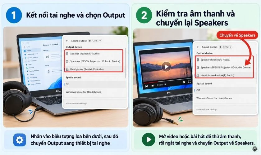 Test bằng tai nghe khi loa Dell mất âm thanh