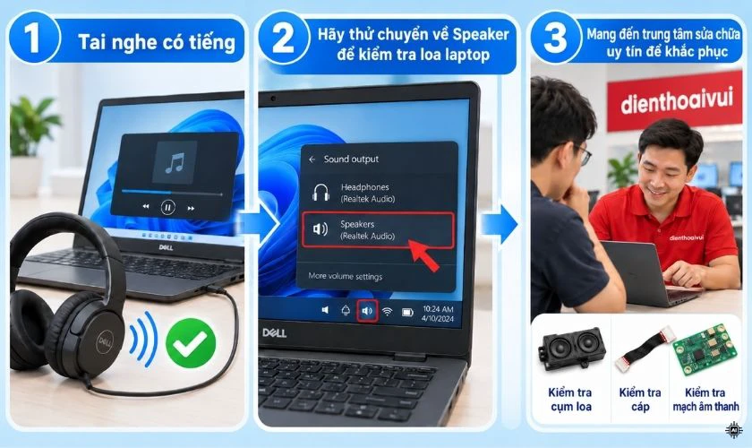Dell có tiếng qua tai nghe nhưng loa trong không có tiếng thì sao?
