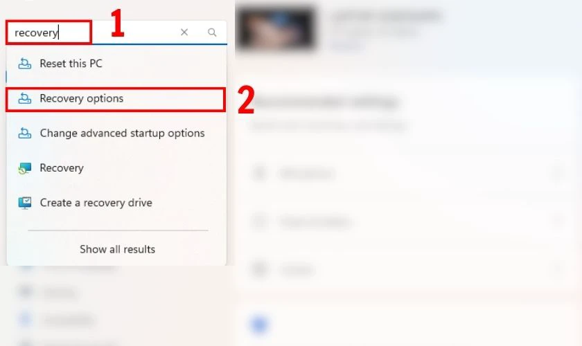 Trong cửa sổ Settings của laptop, t&igrave;m v&agrave; chọn Recovery options