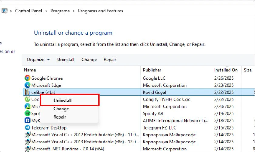 Nhấn chuột phải vào phần mềm bạn muốn gỡ và chọn Uninstall