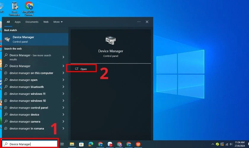 G&otilde; từ kh&oacute;a Device Manager v&agrave; nhấn Open để mở